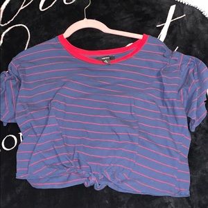 blue and red striped tie front shirt